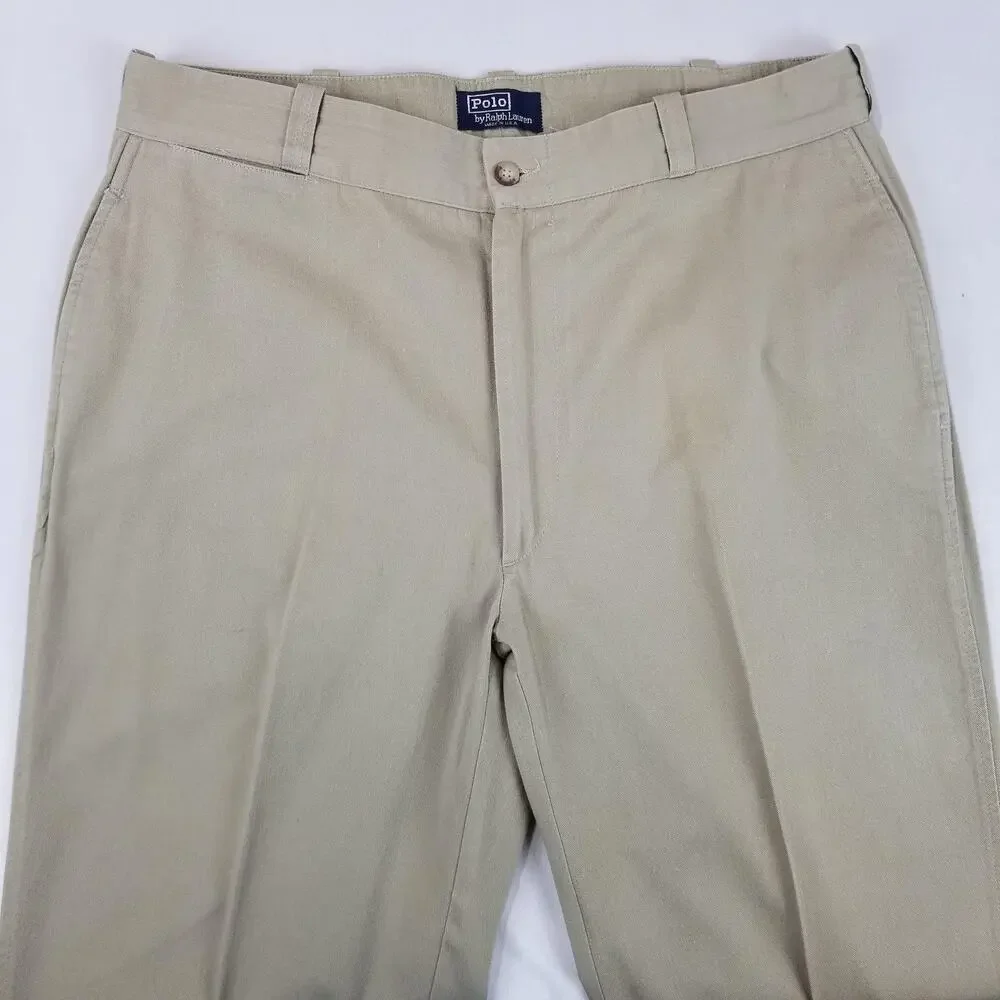 Polo Ralph Lauren Khaki Pants Mens 36x28 Beige Cotton Flat Front USA Chino